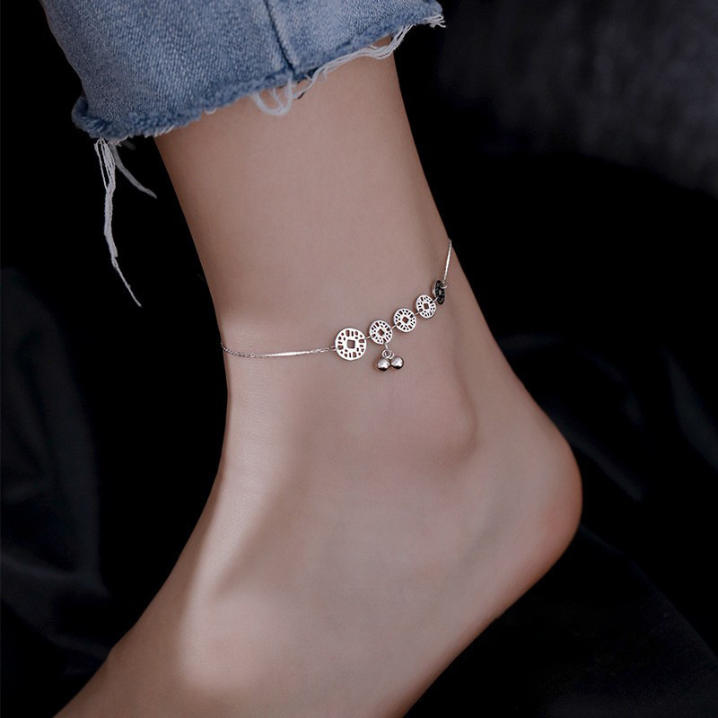 S925 srebrni anklet s novčićem, antikni minimalistički stil, talisman sreće
