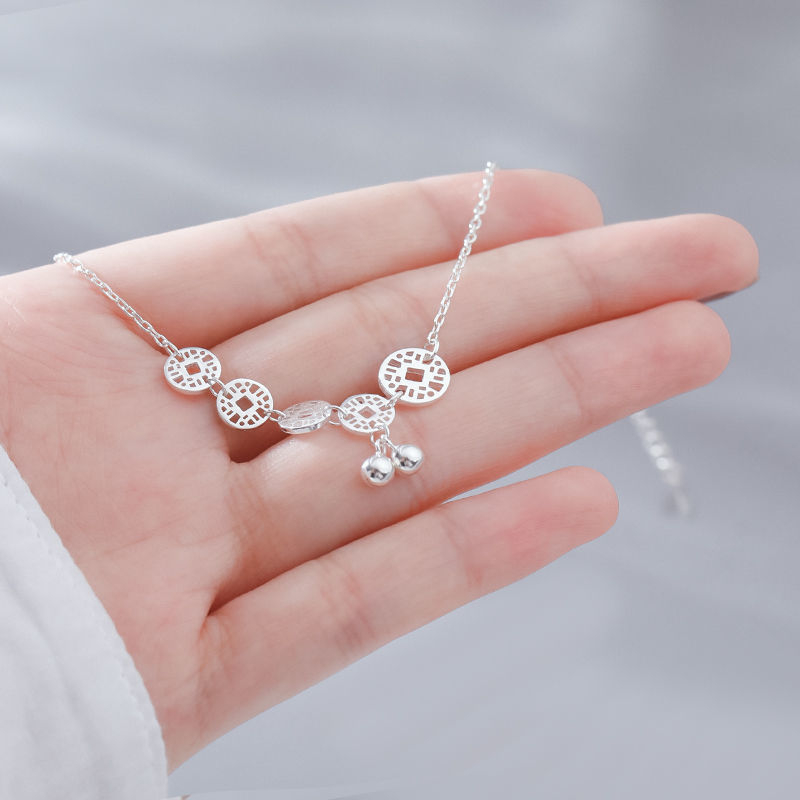 S925 srebrni anklet s novčićem, antikni minimalistički stil, talisman sreće