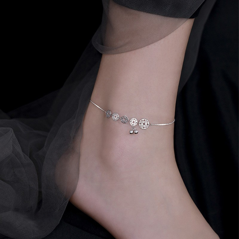 S925 srebrni anklet s novčićem, antikni minimalistički stil, talisman sreće