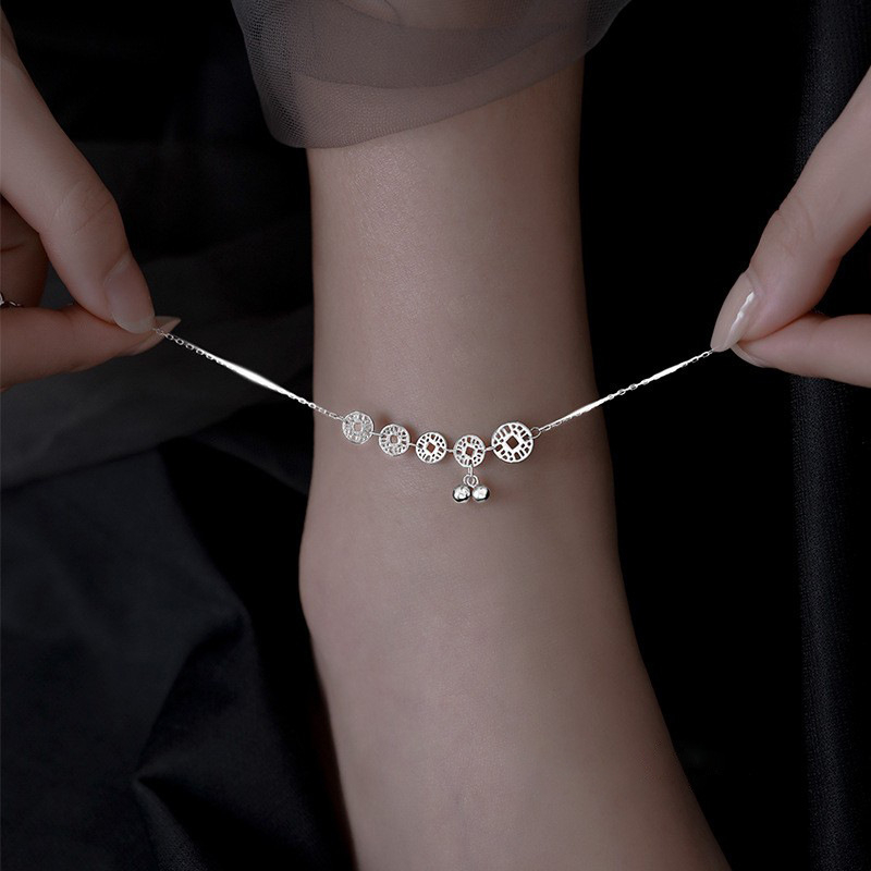 S925 srebrni anklet s novčićem, antikni minimalistički stil, talisman sreće
