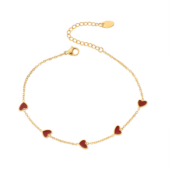 Titano plieno čiurnos grandinėlė su 18K aukso danga, penkių širdžių dizainas su lašiniu glazūros elementu, moteriškas stilius, vasaros 2025 leidimas.