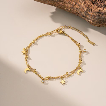 Dvostruki anklet za gležanj sa zvijezdom i mjesecom, cirkon ugrađen, titan čelik, jednostavan stil, za žene