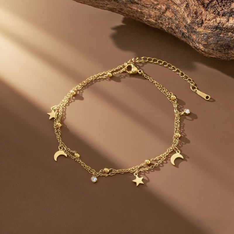 Dvostruki anklet za gležanj sa zvijezdom i mjesecom, cirkon ugrađen, titan čelik, jednostavan stil, za žene