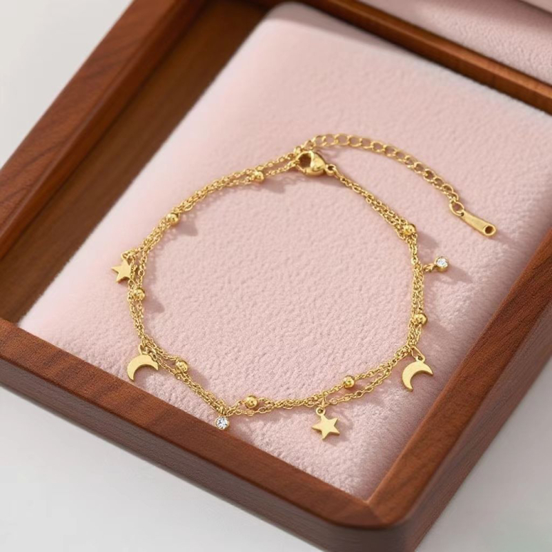 Dvostruki anklet za gležanj sa zvijezdom i mjesecom, cirkon ugrađen, titan čelik, jednostavan stil, za žene