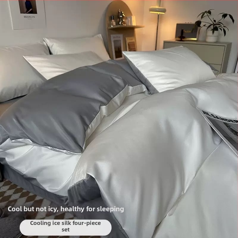 Poliesterio Ice Silk keturių dalių patalynės komplektas, įskaitant prigludusį lakštą ir antklodės užvalkalą, reaktyvus dažymas, 800–1000 g, šiuolaikinis minimalistinis stilius