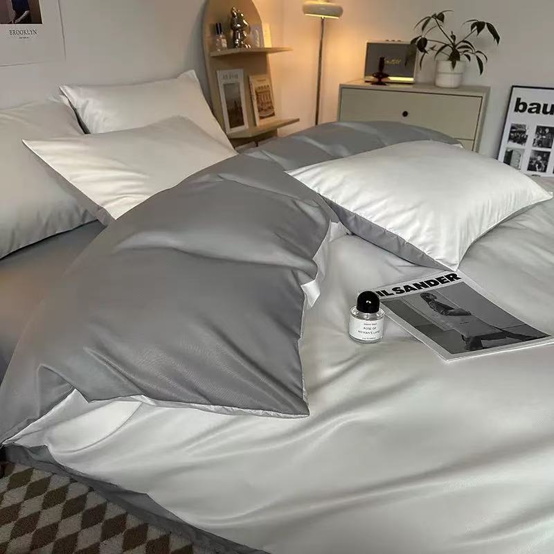 Poliesterio Ice Silk keturių dalių patalynės komplektas, įskaitant prigludusį lakštą ir antklodės užvalkalą, reaktyvus dažymas, 800–1000 g, šiuolaikinis minimalistinis stilius