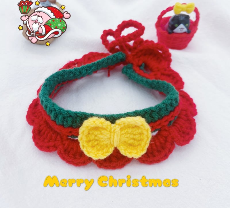 Kalėdinis megztas kaklo šalikas gyvūnams - spalvų blokų raštas, vilna, tinka katėms ir šunims, žiemai, mielas stilius