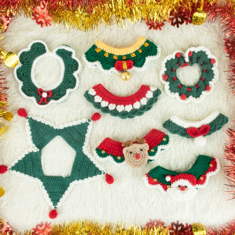 Kalėdinis megztas kaklo šalikas gyvūnams - spalvų blokų raštas, vilna, tinka katėms ir šunims, žiemai, mielas stilius