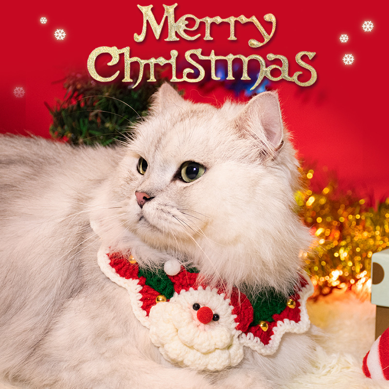 Kalėdinis megztas kaklo šalikas gyvūnams - spalvų blokų raštas, vilna, tinka katėms ir šunims, žiemai, mielas stilius