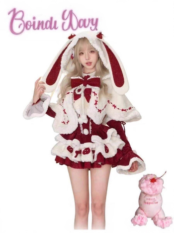 Trīsdaļīgs komplekts: pūkaina pelerīna ar truša ausīm, kleita un piedurknes, Mink velvet audums, trušu pūka pildījums 90–95%, Ziemas 2025, mīļš un svaigs stils