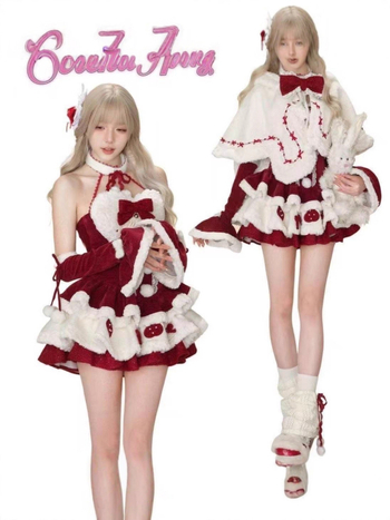 Trīsdaļīgs komplekts: pūkaina pelerīna ar truša ausīm, kleita un piedurknes, Mink velvet audums, trušu pūka pildījums 90–95%, Ziemas 2025, mīļš un svaigs stils