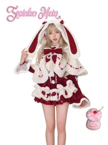 Trīsdaļīgs komplekts: pūkaina pelerīna ar truša ausīm, kleita un piedurknes, Mink velvet audums, trušu pūka pildījums 90–95%, Ziemas 2025, mīļš un svaigs stils