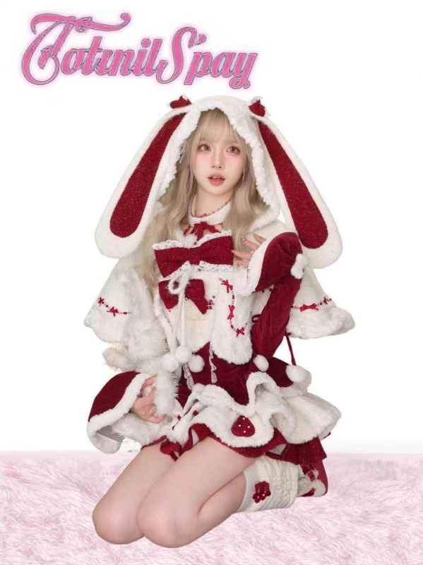 Trīsdaļīgs komplekts: pūkaina pelerīna ar truša ausīm, kleita un piedurknes, Mink velvet audums, trušu pūka pildījums 90–95%, Ziemas 2025, mīļš un svaigs stils