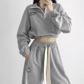 Ženski dvodijelni set od poliestera: sweatshirt i hlače, polo kragna i zip, dugi rukavi, jesen-zima 2023
