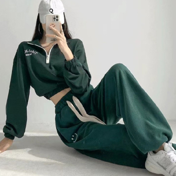 Ženski dvodijelni set od poliestera: sweatshirt i hlače, polo kragna i zip, dugi rukavi, jesen-zima 2023