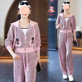 Ženski dvodijelni casual sportski set od chenille, 3D uzorak, kapuljačasti kardigan, široke hlače, ljeto 2025.