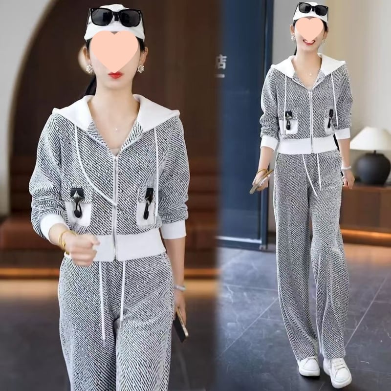 Ženski dvodijelni casual sportski set od chenille, 3D uzorak, kapuljačasti kardigan, široke hlače, ljeto 2025.