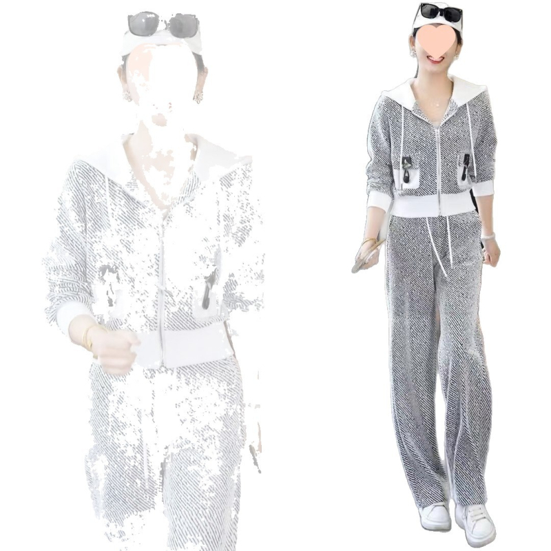 Ženski dvodijelni casual sportski set od chenille, 3D uzorak, kapuljačasti kardigan, široke hlače, ljeto 2025.