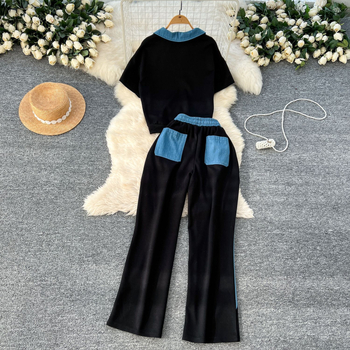 Női nyári nadrágkosztüm 2025, poliészter, 90–95% poliészter, ¾ ujjak, egyszínű minta, casual stílus