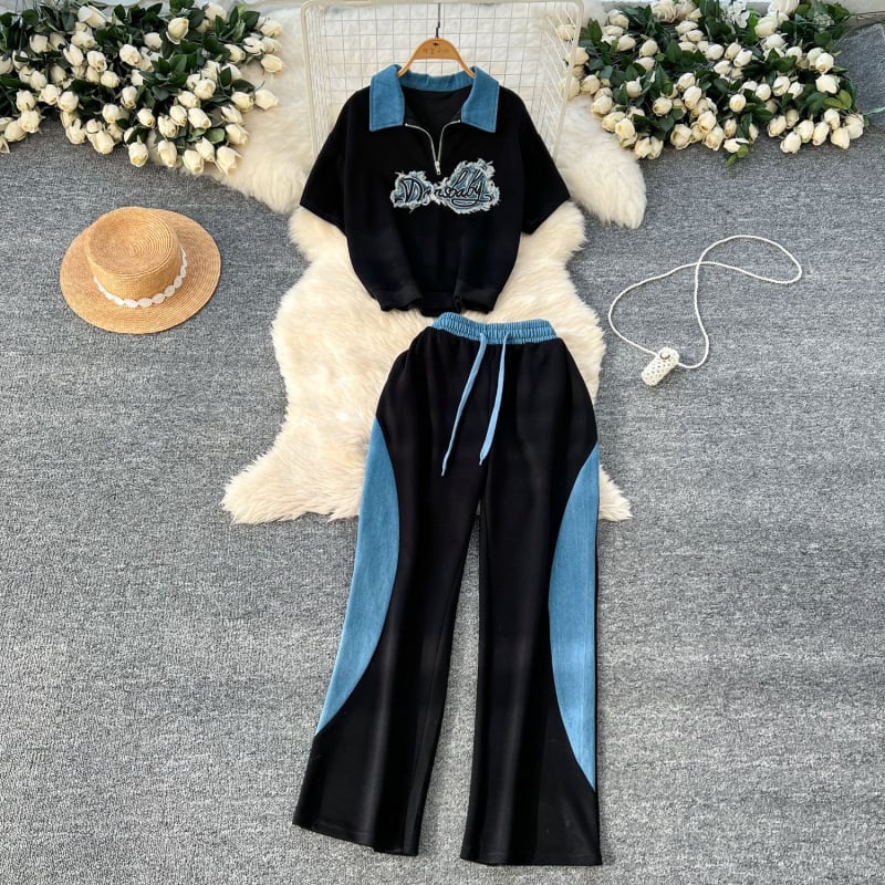 Női nyári nadrágkosztüm 2025, poliészter, 90–95% poliészter, ¾ ujjak, egyszínű minta, casual stílus