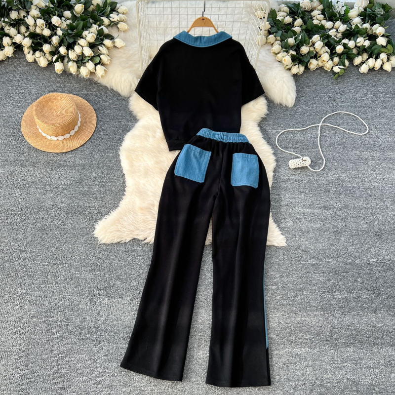 Női nyári nadrágkosztüm 2025, poliészter, 90–95% poliészter, ¾ ujjak, egyszínű minta, casual stílus