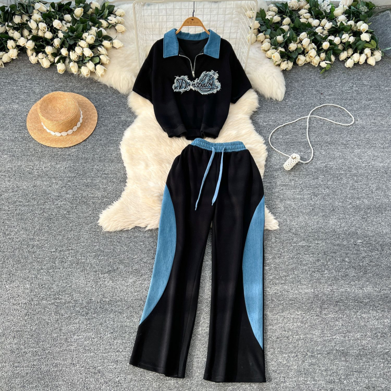 Női nyári nadrágkosztüm 2025, poliészter, 90–95% poliészter, ¾ ujjak, egyszínű minta, casual stílus