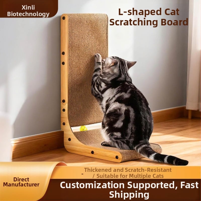 Дървена L-образна дъска за драскане на котки с вградена топка котешка мента, стенен вертикален монтаж, прост стил