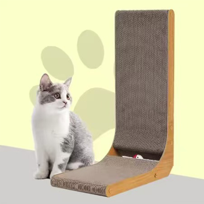 Дървена L-образна дъска за драскане на котки с вградена топка котешка мента, стенен вертикален монтаж, прост стил