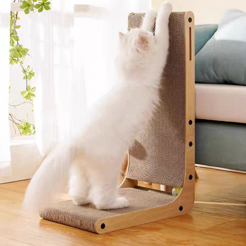 Дървена L-образна дъска за драскане на котки с вградена топка котешка мента, стенен вертикален монтаж, прост стил