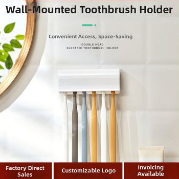 Държач за четки за зъби с залепващ монтаж, пластмасов, 6 отвора, KM частен бранд, персонализируем