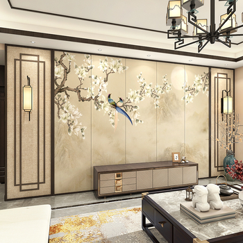 Πίνακας φόντου από τεχνητό δέρμα — Νέος κινεζικός στυλ κεντημένος τοπίο μούραλ, σκηνή με μελάνι για σαλόνι, τηλεόραση, καναπέ και κομοδίνο, Jinying