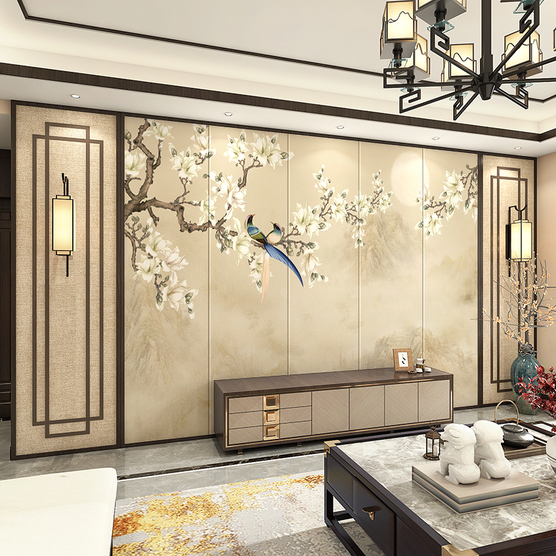 Πίνακας φόντου από τεχνητό δέρμα — Νέος κινεζικός στυλ κεντημένος τοπίο μούραλ, σκηνή με μελάνι για σαλόνι, τηλεόραση, καναπέ και κομοδίνο, Jinying