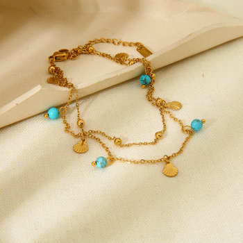 Глезенна гривна N&X, 18K покрита неръждаема стомана, естествен тюркоаз висулка, мини мидави ресни, двуслойна конструкция