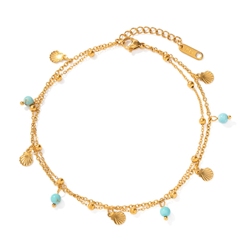 Глезенна гривна N&X, 18K покрита неръждаема стомана, естествен тюркоаз висулка, мини мидави ресни, двуслойна конструкция