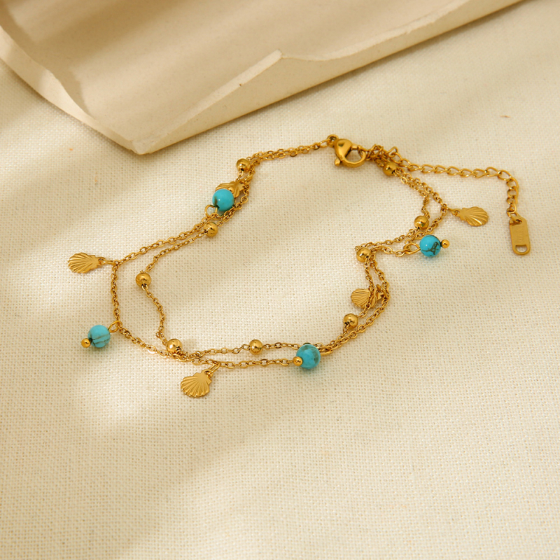 Глезенна гривна N&X, 18K покрита неръждаема стомана, естествен тюркоаз висулка, мини мидави ресни, двуслойна конструкция