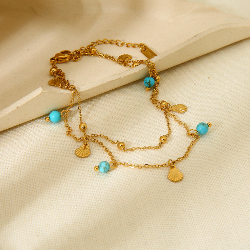 Глезенна гривна N&X, 18K покрита неръждаема стомана, естествен тюркоаз висулка, мини мидави ресни, двуслойна конструкция