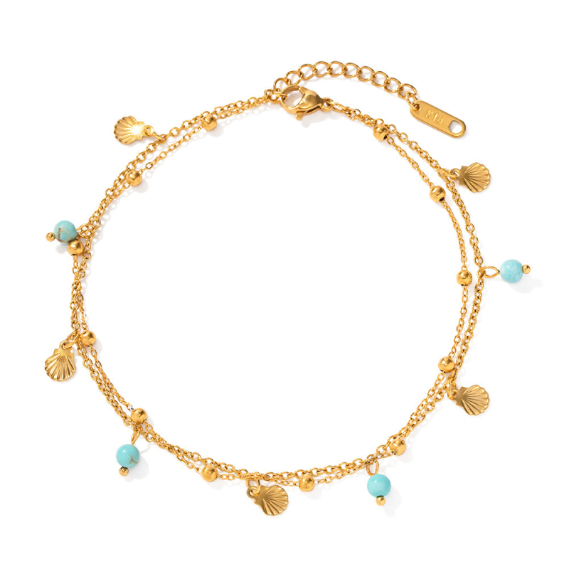 Глезенна гривна N&X, 18K покрита неръждаема стомана, естествен тюркоаз висулка, мини мидави ресни, двуслойна конструкция