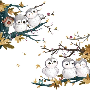 Декоративни стенни стикери - карикатурна сова, PVC, 2 бр., мотив цветя, стил карикатура