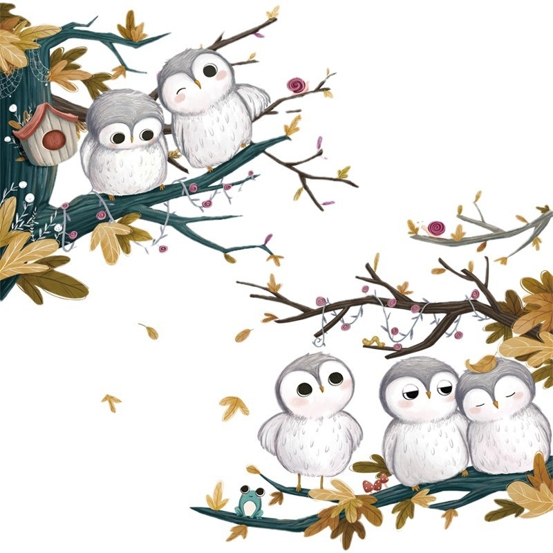 Декоративни стенни стикери - карикатурна сова, PVC, 2 бр., мотив цветя, стил карикатура