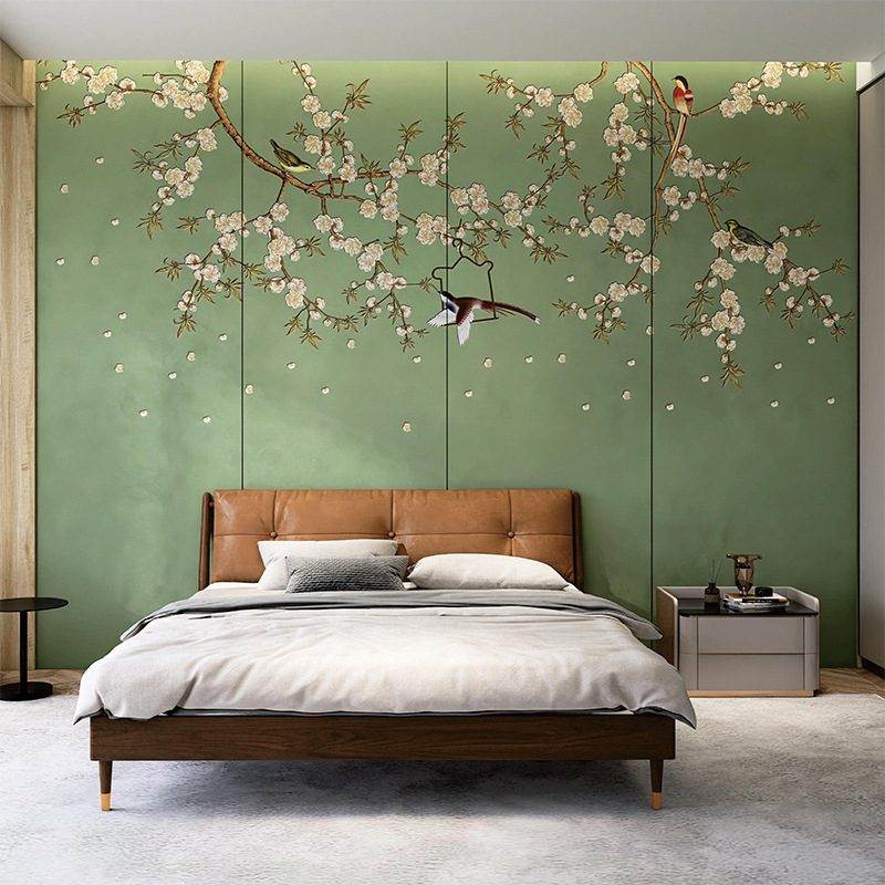 Műbőr hátterű panel kínai klasszikus virág- és madár hímzéssel, testre szabható minta, testreszabás elérhető, alkalmas nappalira, hálószobára, dolgozószobára, étteremre, kereskedelmi helyre