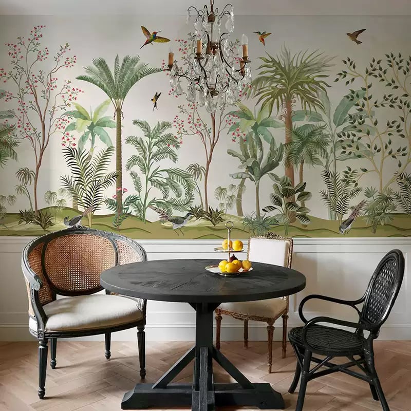 Κάλυψη τοίχου - Ταπετσαρία με γαλλικά λουλούδια και πουλιά, τροπικά φυτά για υπνοδωμάτιο και σαλόνι, διακοσμητικό στυλ: μοτίβο, εγκατάσταση διαθέσιμη, μάρκα Dimension