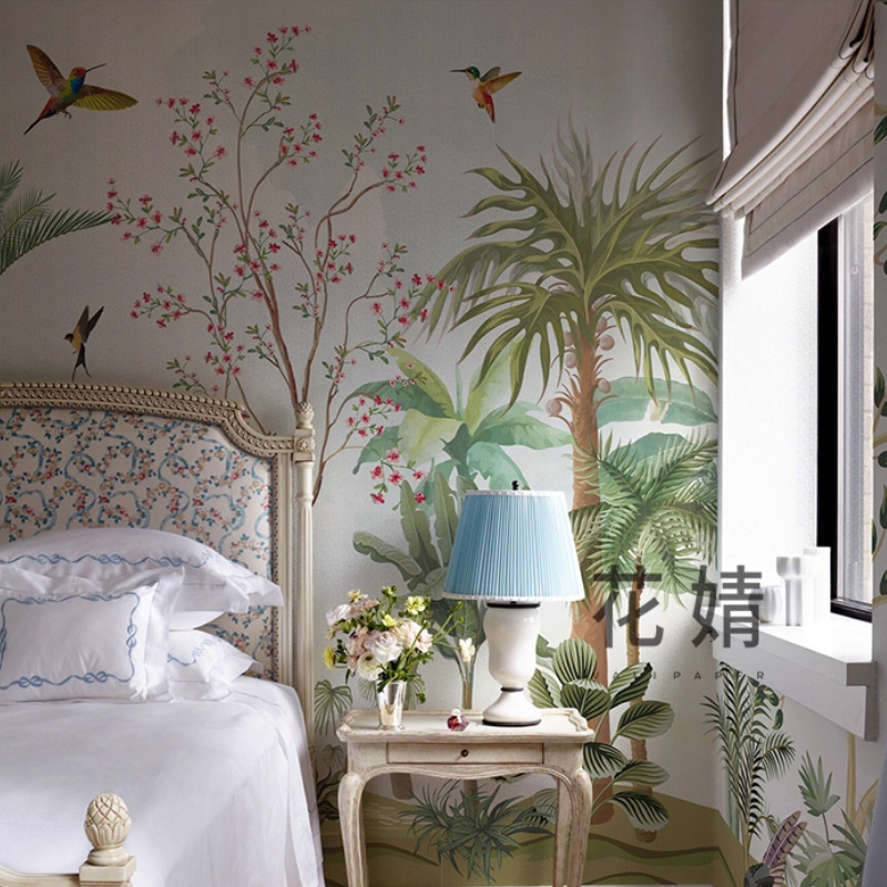 Κάλυψη τοίχου - Ταπετσαρία με γαλλικά λουλούδια και πουλιά, τροπικά φυτά για υπνοδωμάτιο και σαλόνι, διακοσμητικό στυλ: μοτίβο, εγκατάσταση διαθέσιμη, μάρκα Dimension