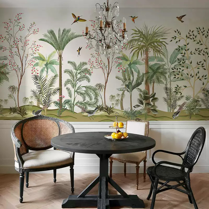 Κάλυψη τοίχου - Ταπετσαρία με γαλλικά λουλούδια και πουλιά, τροπικά φυτά για υπνοδωμάτιο και σαλόνι, διακοσμητικό στυλ: μοτίβο, εγκατάσταση διαθέσιμη, μάρκα Dimension