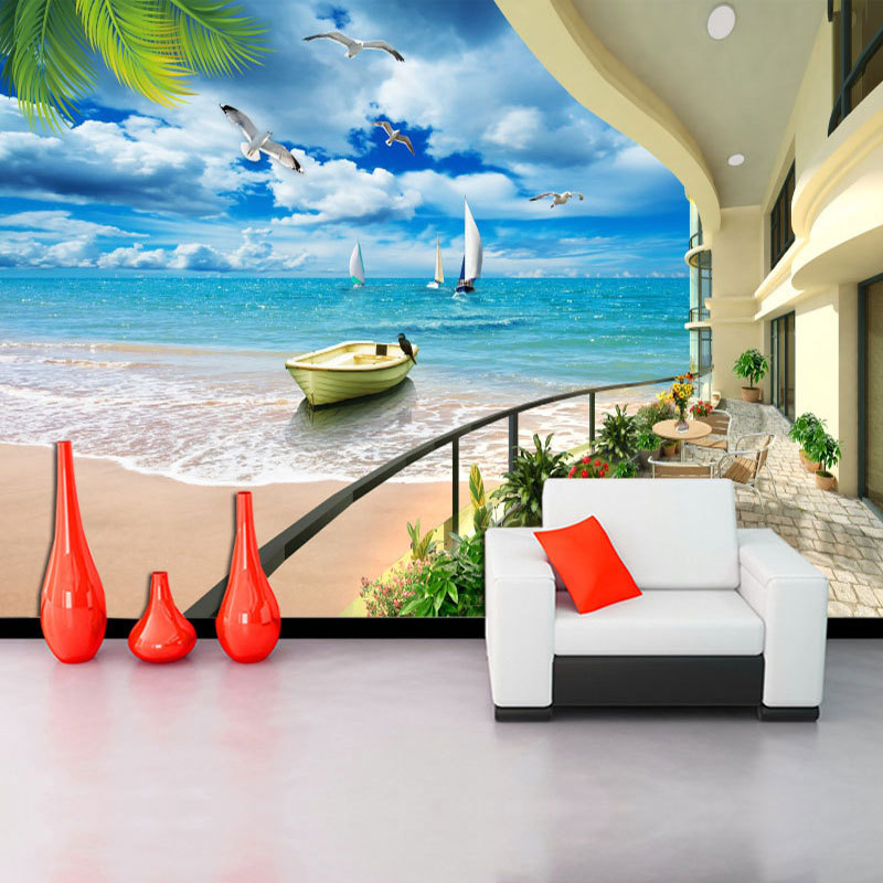 Ταπετσαρία τοίχου με θέα στη θάλασσα – νησί με φοίνικες, παραθαλάσσιο σκηνικό, προσαρμοζόμενη ταπετσαρία τοίχου; Ανθεκτικό στη φωτιά, φιλικό προς το περιβάλλον, μη υφαντή, χωρίς ραφές