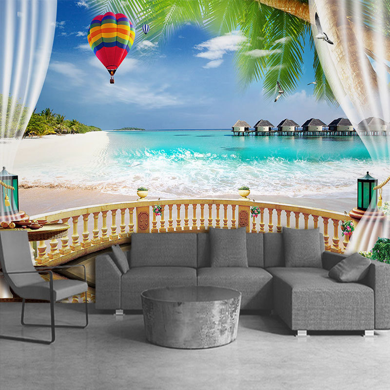 Ταπετσαρία τοίχου με θέα στη θάλασσα – νησί με φοίνικες, παραθαλάσσιο σκηνικό, προσαρμοζόμενη ταπετσαρία τοίχου; Ανθεκτικό στη φωτιά, φιλικό προς το περιβάλλον, μη υφαντή, χωρίς ραφές