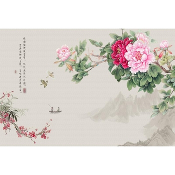 8D κινεζικού στυλ ταπετσαρία με peony και πουλιά – τοίχος διακόσμησης, ανθεκτικό σε λεκέδες, συνθετικές ίνες, νέος κινεζικός στυλ, τύπος μοτίβου