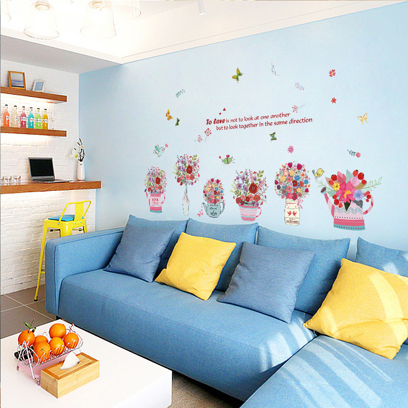 PVC falikép matric – virágkosár rajzfilm-stílusú, eltávolítható, vízálló, hálószoba és nappali számára