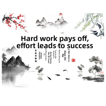 Sienos lipdukas Kinų stiliaus su tintos peizažu ir augalų motyvais, PVC, 1 vnt, atsparus vandeniui, tinkamas svetainei, darbo kambariui, restoranui ar įėjimui