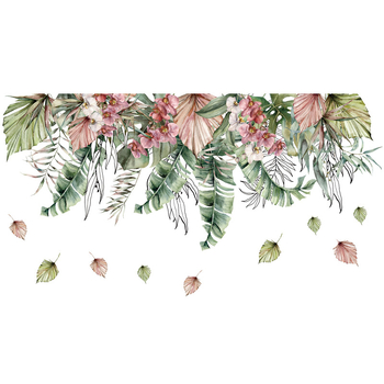 PVC sienos lipdukas su akvareliniu lapų motyvu, atsparus vandeniui, vienas gabalas, tinka svetainei, miegamajam ir studijai