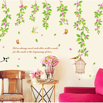 Zhonglan PVC atsparus vandeniui plokščias sienos lipdukas – mural su gėlių, žolės ir lapų raštu, pastoralinis stilius svetainei ir miegamajam